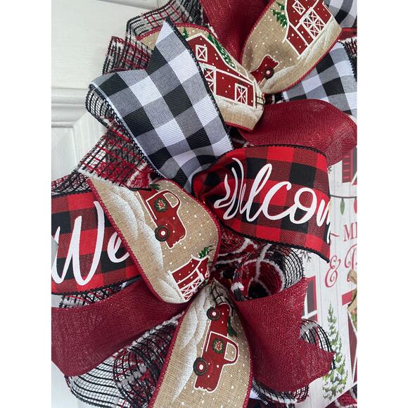 Merry & Bright Barn Christmas Wreath • Red Truck Farmhouse Holiday Door Decor - Picture 4 of 7